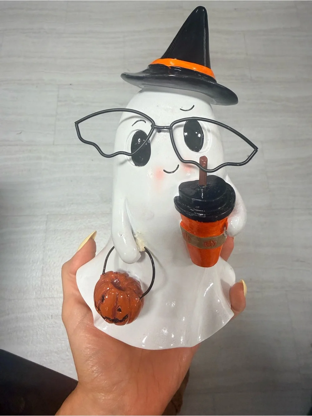 Cute Nerd Ghost Figurine Pumpkin Latte Glasses Halloween Summerween Decor